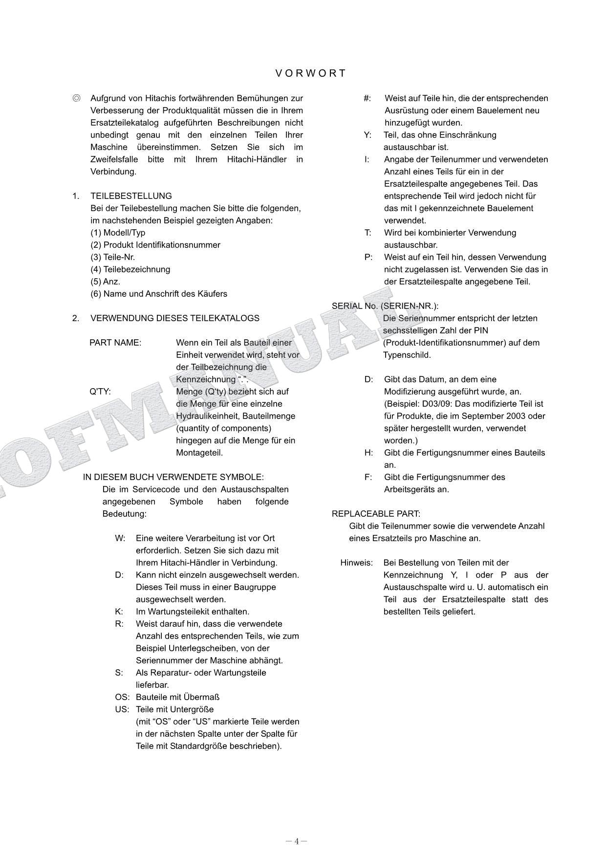 HITACHI ZAXIS ZX180W Equipment Component Excavator Parts Catalog Manual