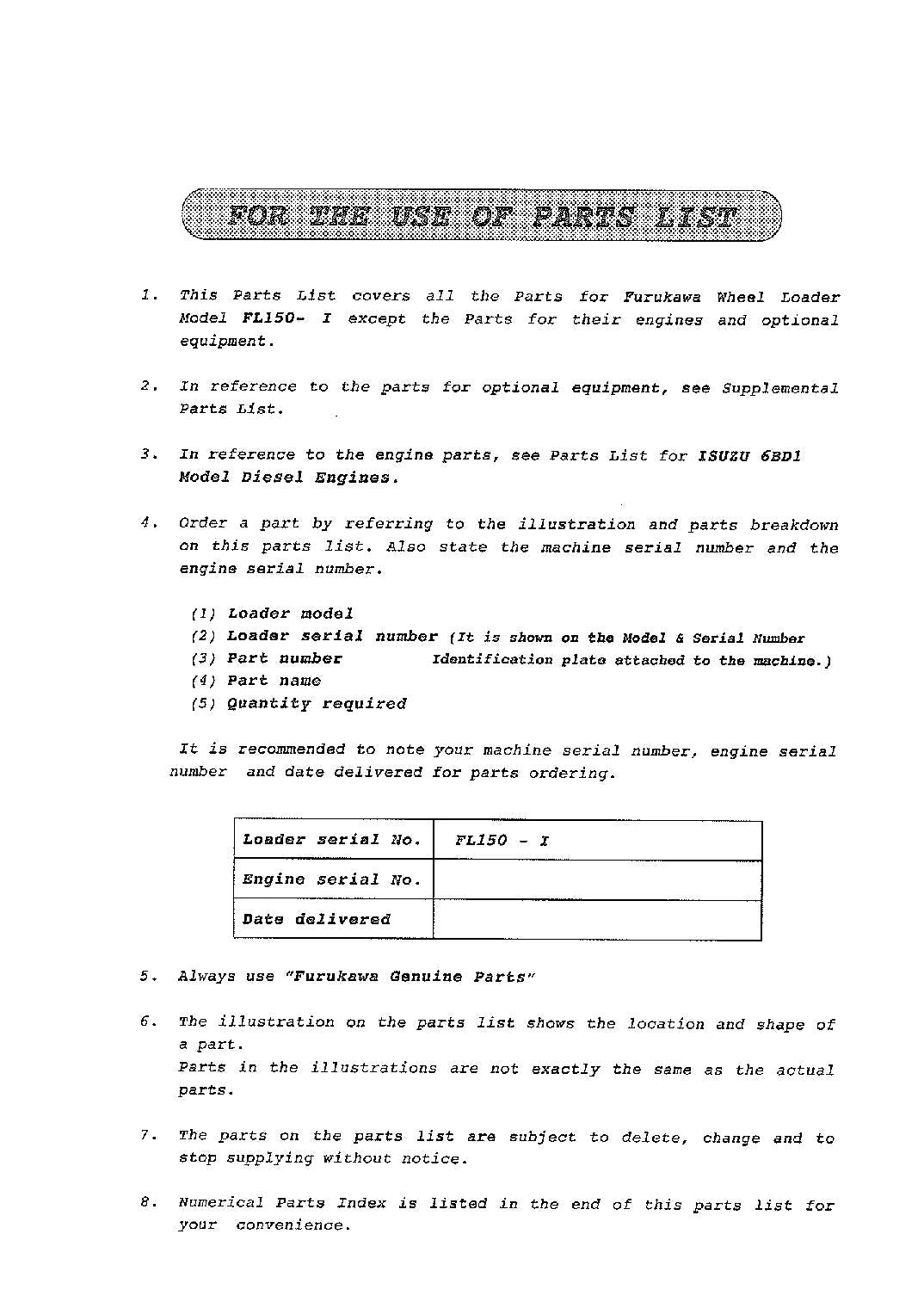 Hitachi FL150-1 Wheel Loader Parts Catalog Manual SN all 353991-00106