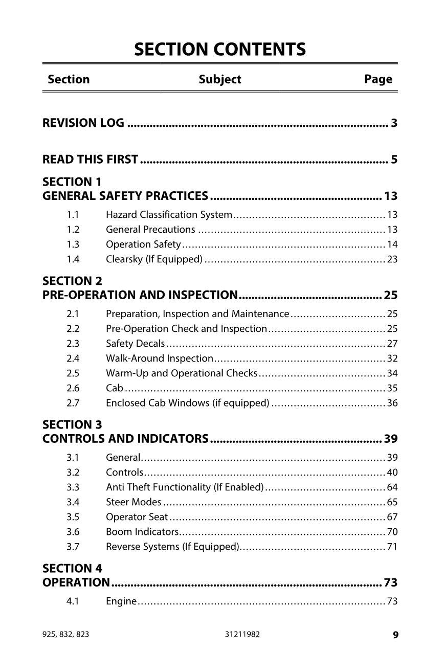JLG 823 832 925 Telehandler Maintenance Operation Operators Manual 31211982