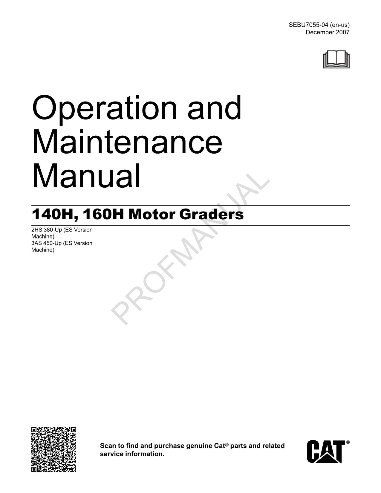 Manual de mantenimiento del operador de motoniveladoras Caterpillar 140H y 160H SEBU7055