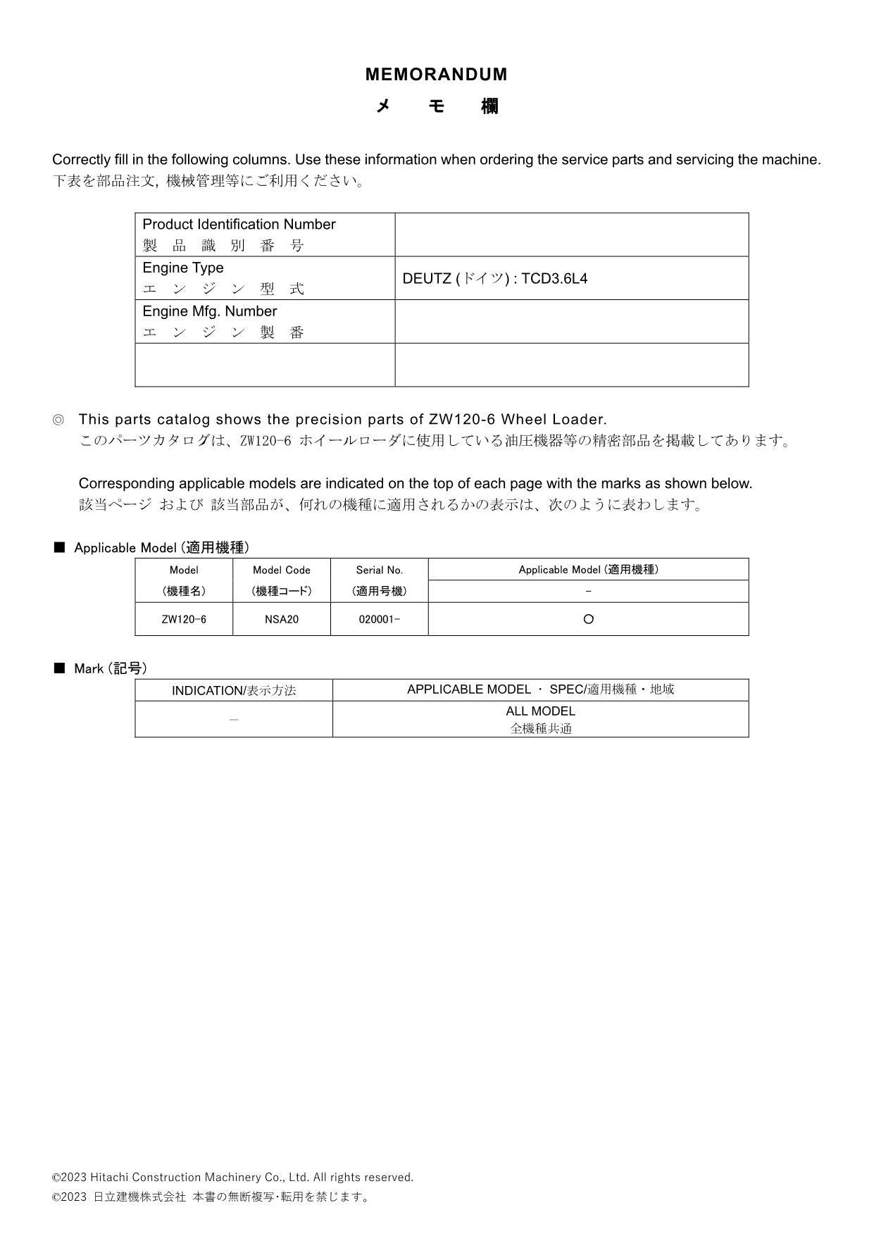 Hitachi ZW120-6 Equip Component Wheel Loader Parts Catalog Manual SN 020001-up