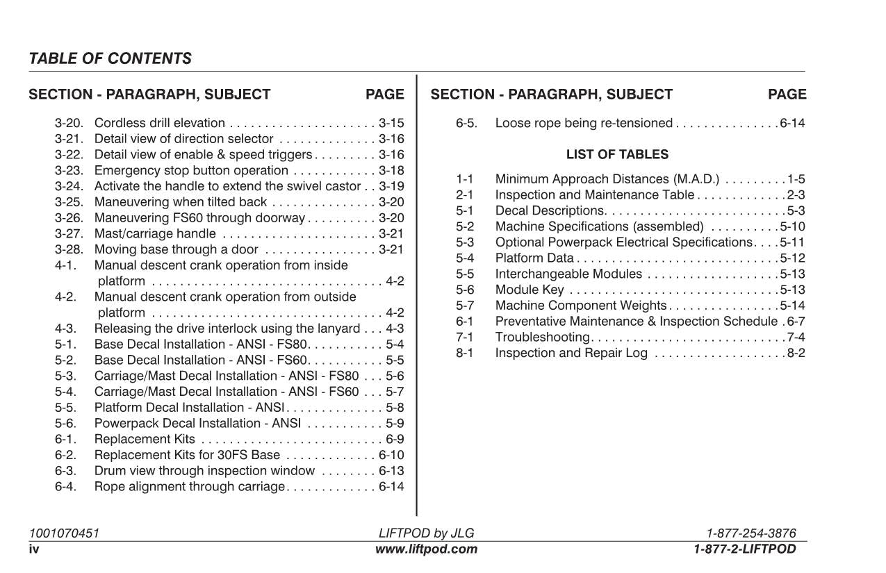 Catálogo de piezas de operación del mástil vertical JLG FS60 FS80 Manual de servicio