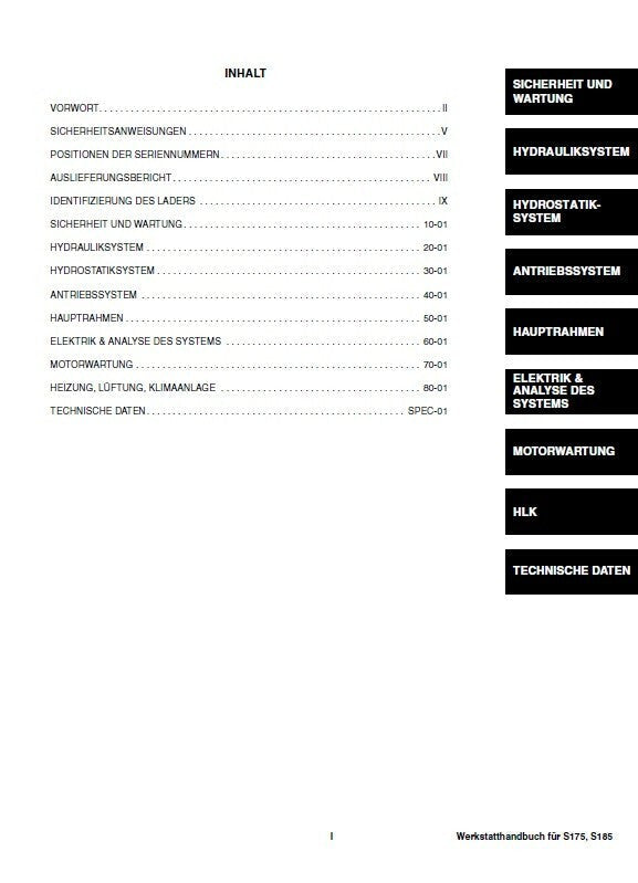 BOBCAT S175 S185 KOMPAKTLADER REPARATURHANDBUCH WERKSTATTHANDBUCH